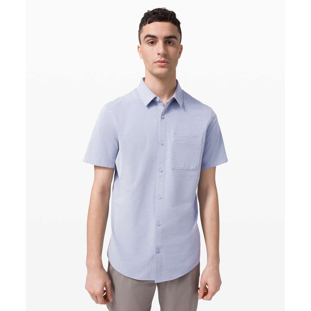 Lululemon Button Down Shirt Men L Blue Commission Short Sleeve Pique Knit Pocket